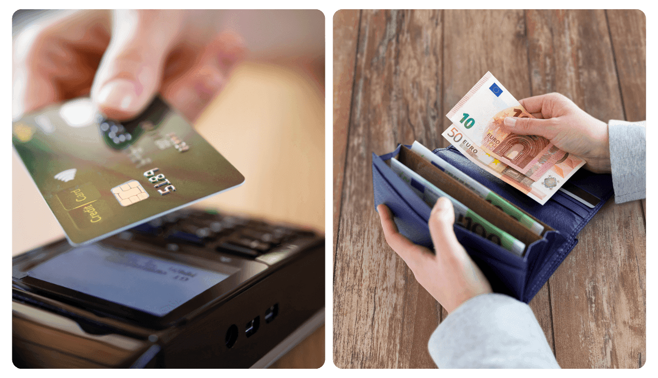 Eine Frau hält eine Bankkarte an ein Lesegerät, eine andere holt Bargeld aus dem Geldbeutel